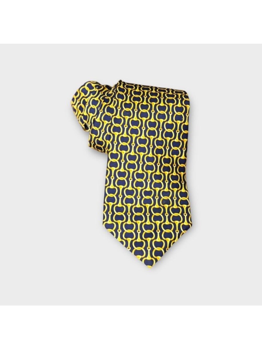 Burberry Horsebit Tie Navy Blue Yellow Silk Classic Preppy Authentic Necktie EUC
